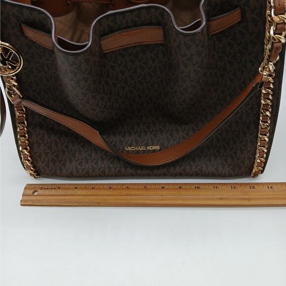 Michael Kors Large Mina Signature Logo Chain Shoulder Bag Handbag Teacher Brown - Picture 9 of 11